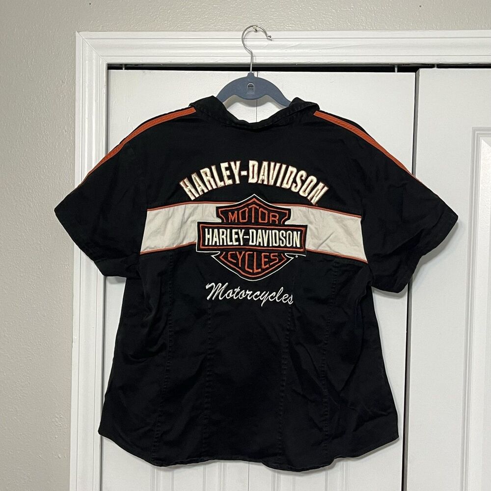 Vintage Harley-Davidson Shirt Womens 1W Zip Front Striped Biker Top y2k Garage